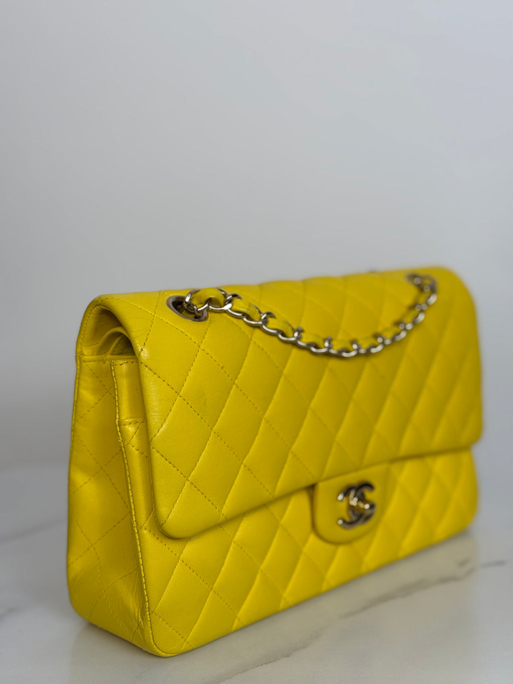Chanel Yellow Classic Double Flap Bag Medium in Lambskin Leather with Silver Hardware