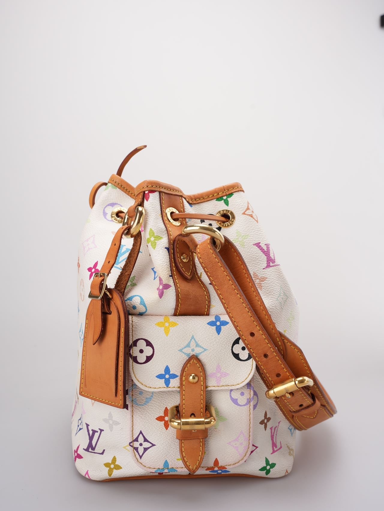 Louis Vuitton Takashi Murakami White Multicolore Monogram Coated Canvas Petit Noe Bag Gold Hardware
