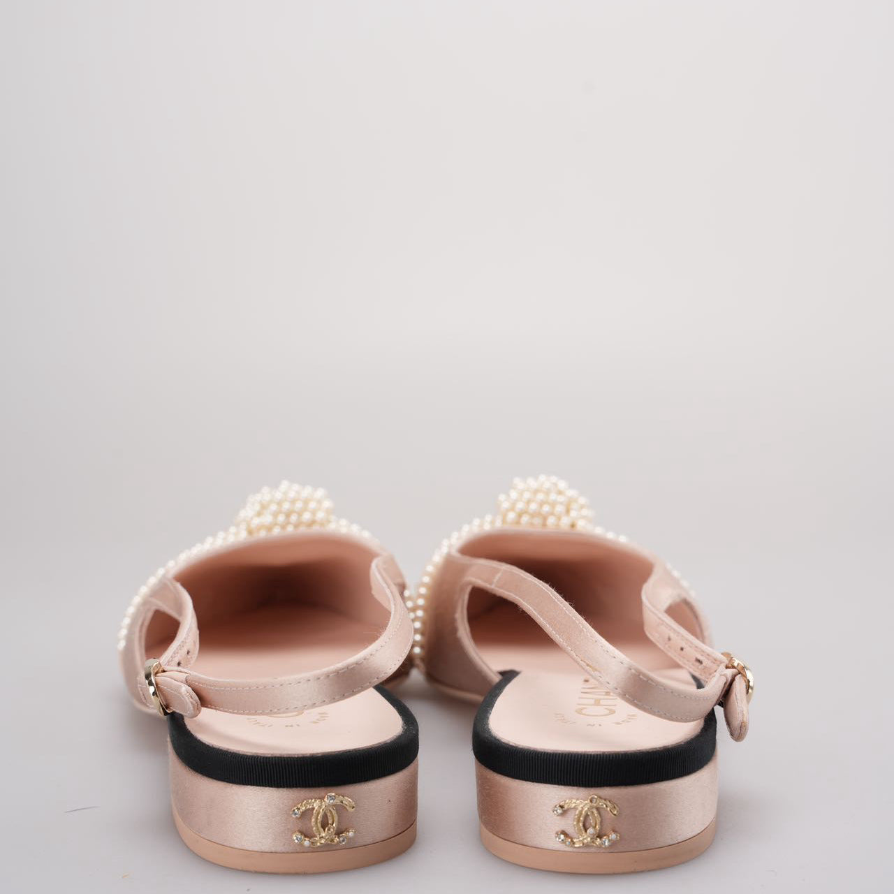 Chanel Satin Grosgrain Pearl Slingback Flats Pink/Black Size 38