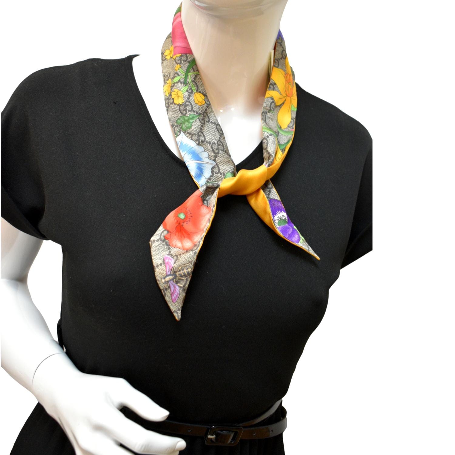 GUCCI Floral Print Monogram Silk Twilly Scarf Multicolor