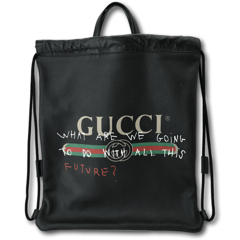 GUCCI Drawstring Print Leather Backpack Bag Black 494053