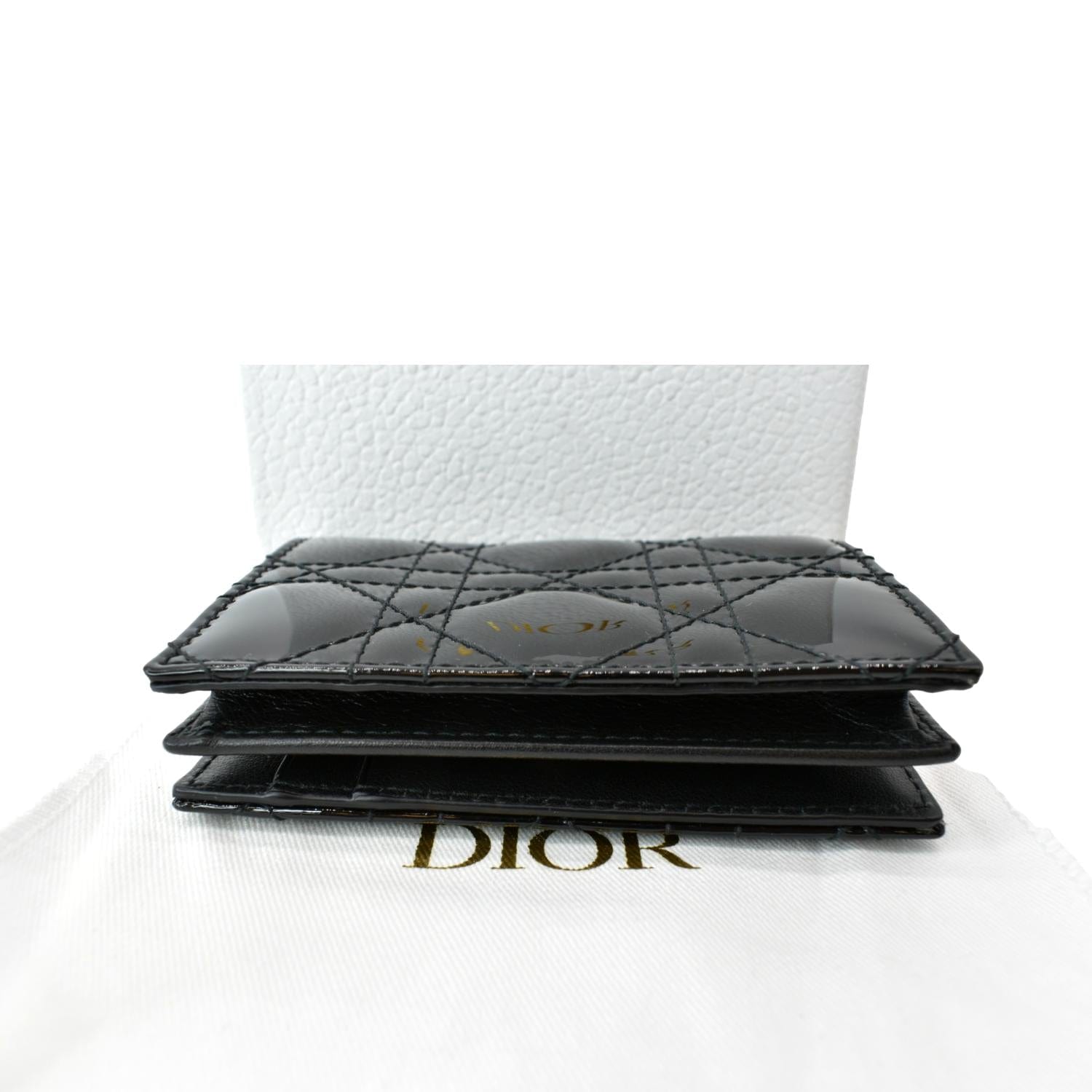 CHRISTIAN DIOR Mini Lady Dior Cannage Calfskin Leather Compact Wallet Black