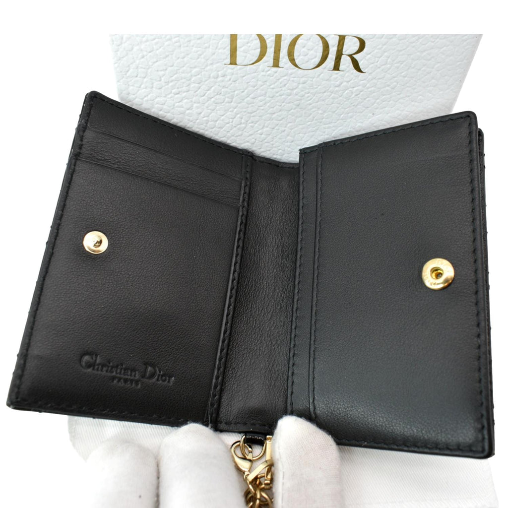 CHRISTIAN DIOR Mini Lady Dior Cannage Calfskin Leather Compact Wallet Black