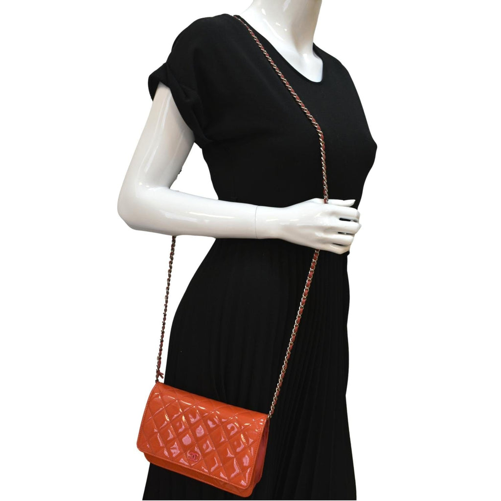 CHANEL WOC Patent Leather Wallet On Chain Clutch Bag Orange