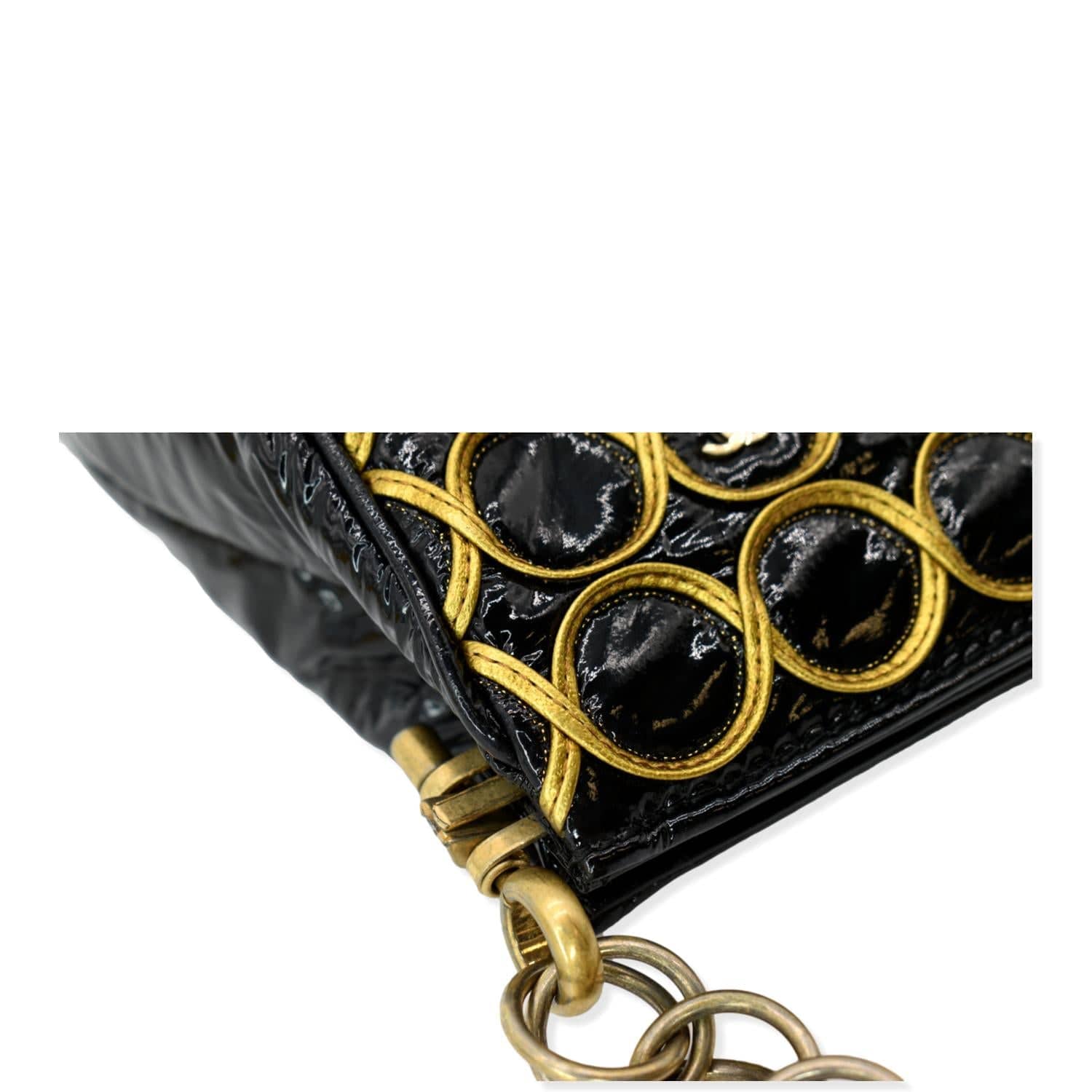 CHANEL CC Embroidered Patent Quilted Chain Clutch Bag Black/Gold
