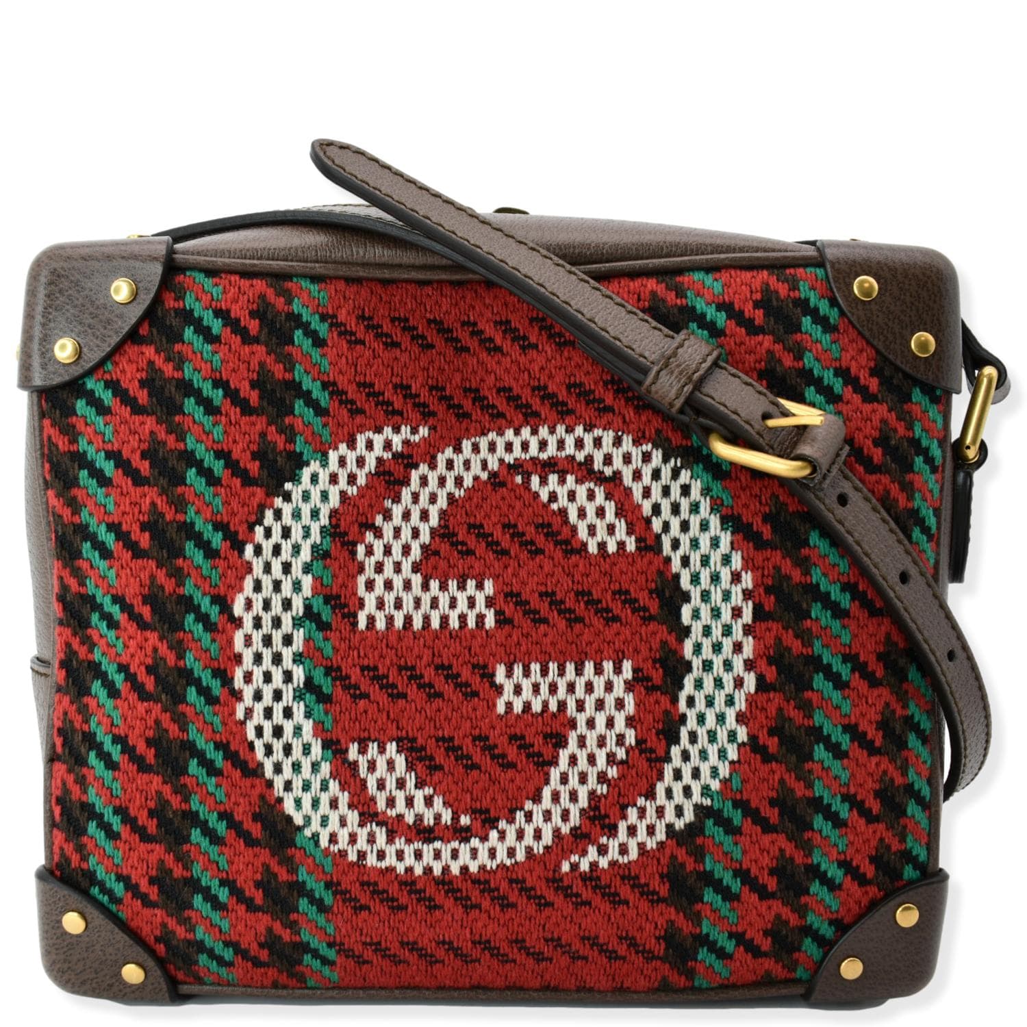 GUCCI Houndstooth Stripe Interlocking G Trunk Shoulder Bag Red 626363