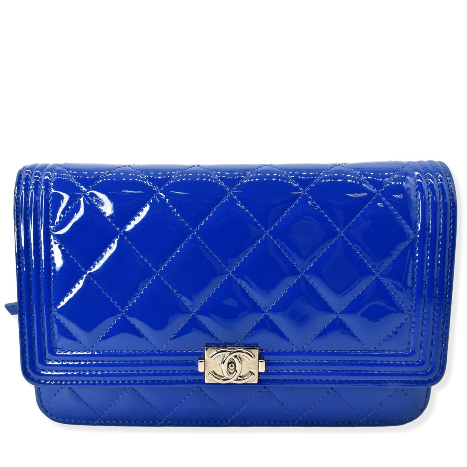 CHANEL Boy WOC Patent Leather Wallet On Chain Clutch Bag Blue