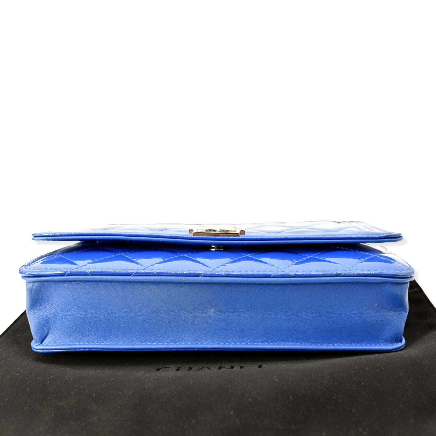 CHANEL Boy WOC Patent Leather Wallet On Chain Clutch Bag Blue