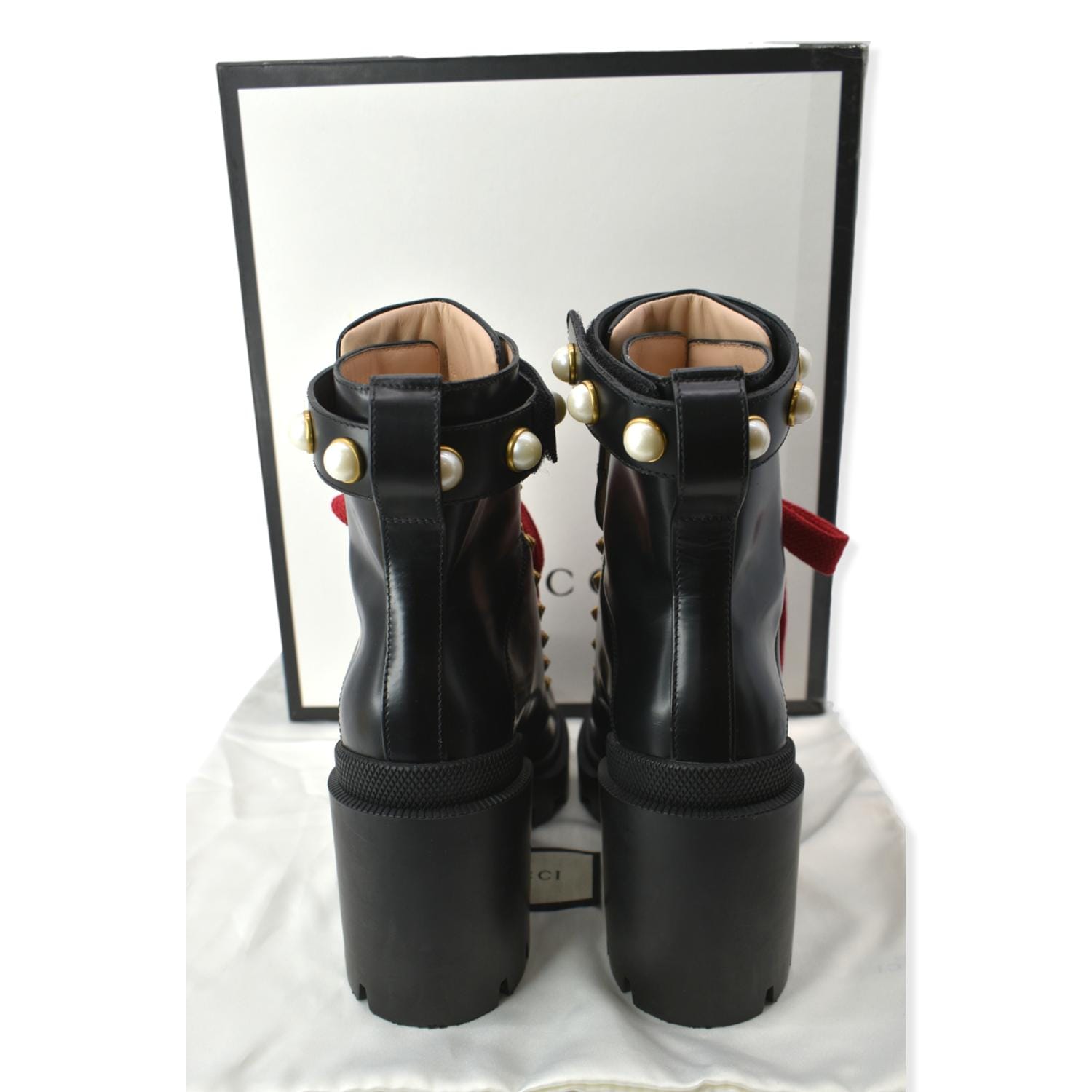GUCCI Calfskin Pearl Lace Up Combat Ankle Boots Black 497372 Size 36.5