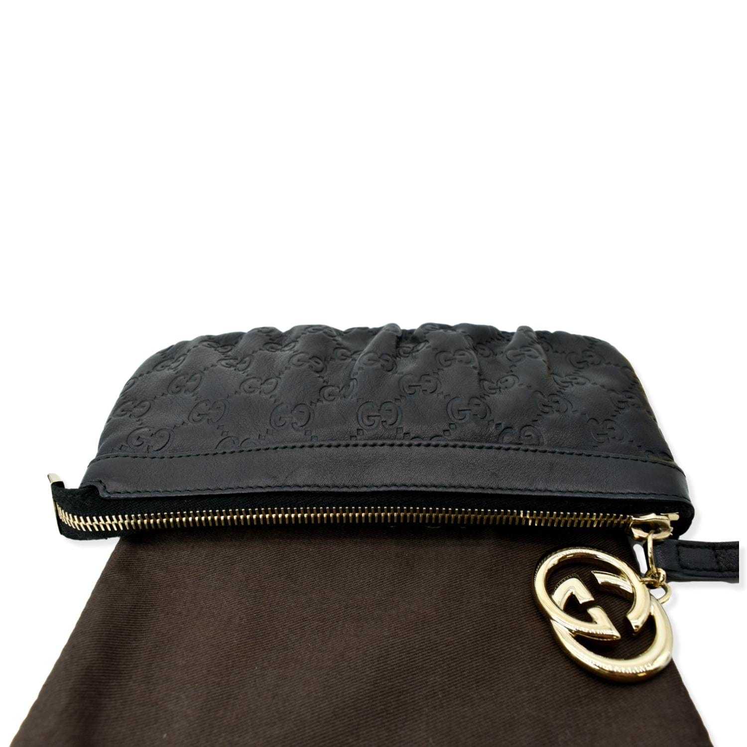 GUCCI Guccissima Leather GG Wristlet Pochette Black 212203