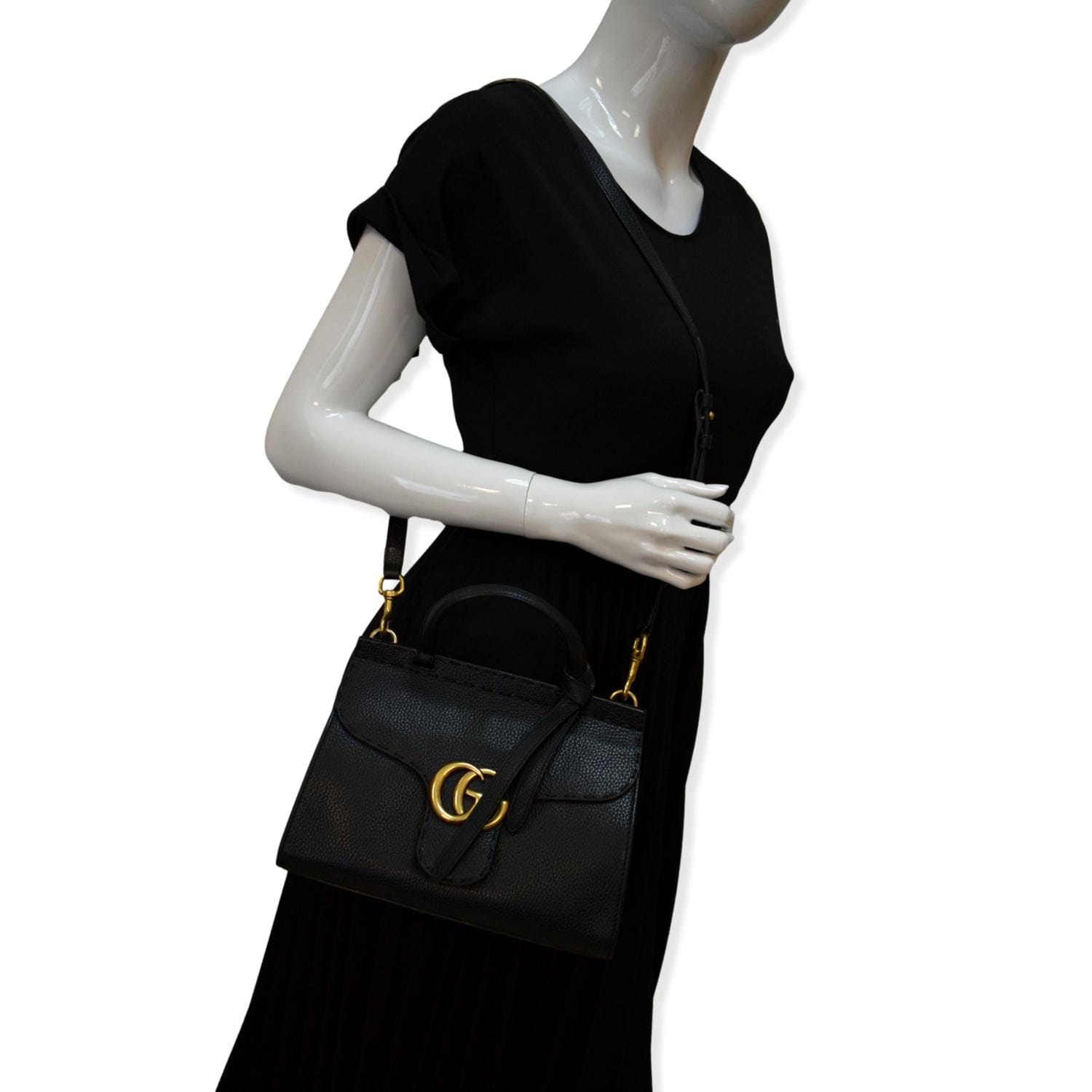 GUCCI GG Marmont Leather Top Handle Shoulder Bag Black 442622