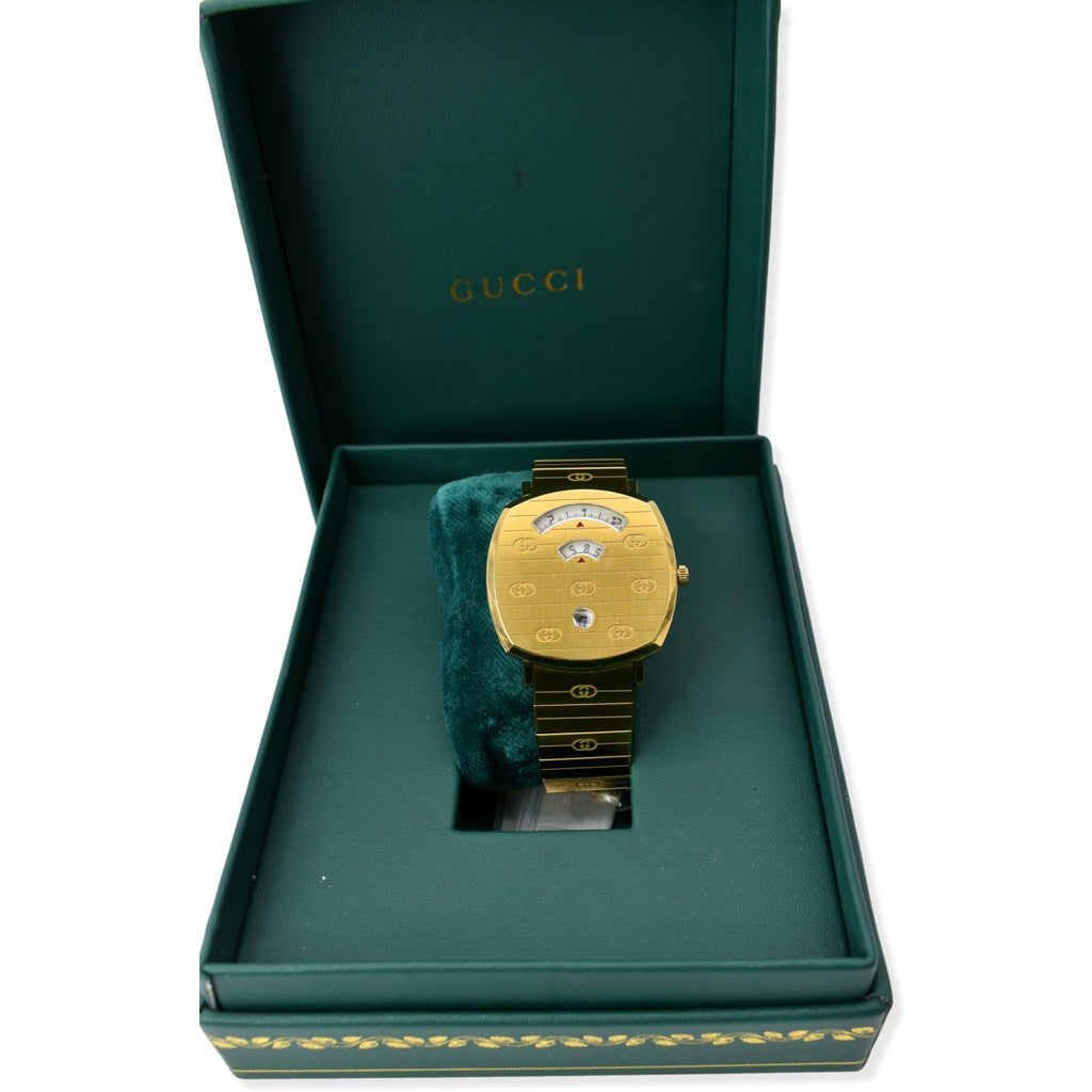 GUCCI Grip GG Engraved Quartz Gold Dial Stainless Steel Watch 35MM
