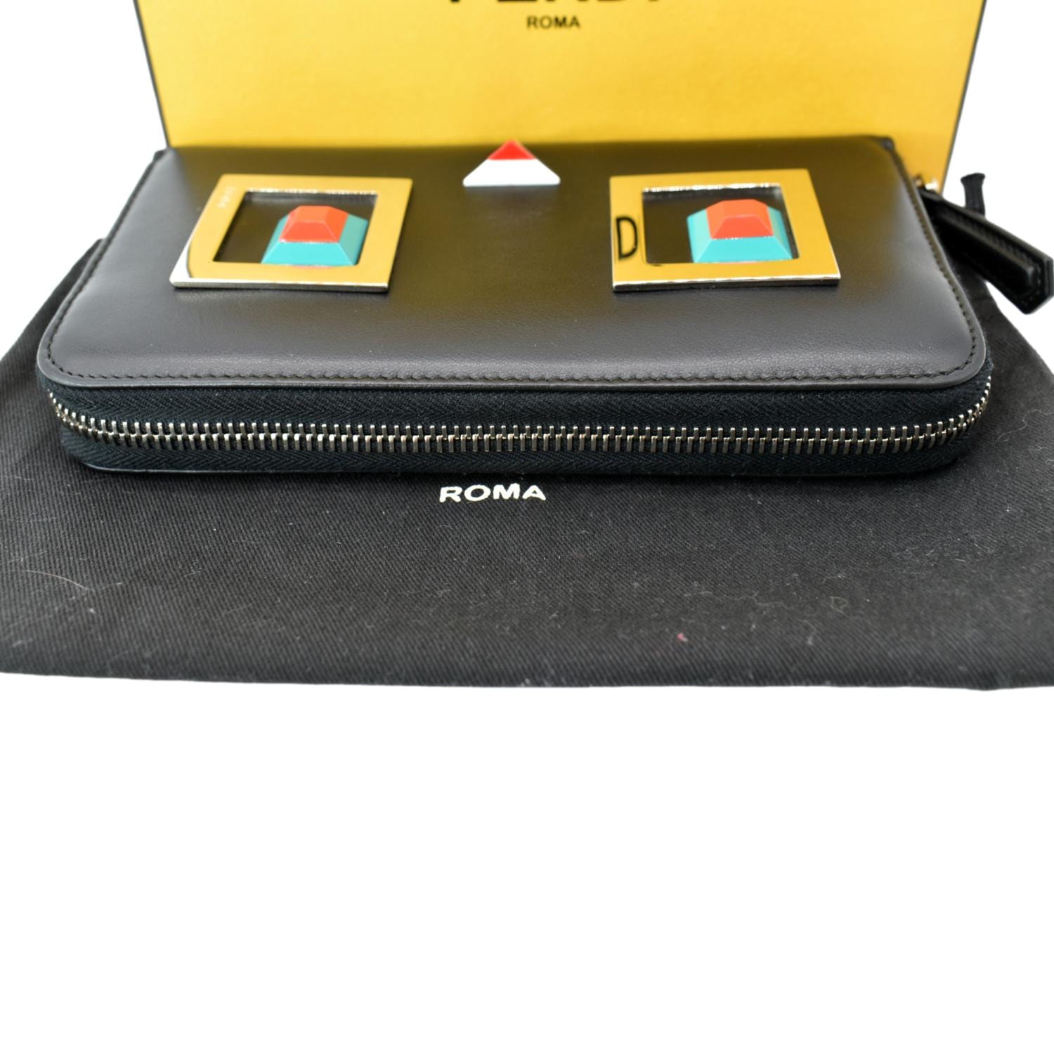 FENDI Century Hypnoteyes Continental Vitello Leather Zip Around Wallet Black