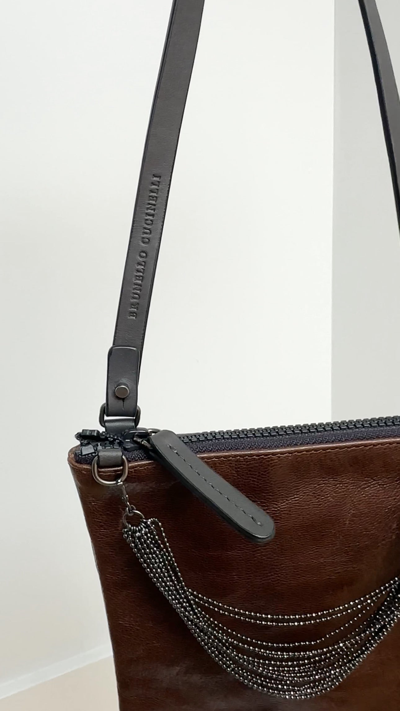 Brunello Cucinelli Dark Brown Leather Monili Mini Crossbody Pouch Bag