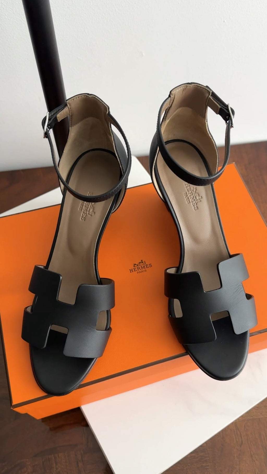 Hermes Black Leather H Legend Wedge Ankle Strap Sandals - 38
