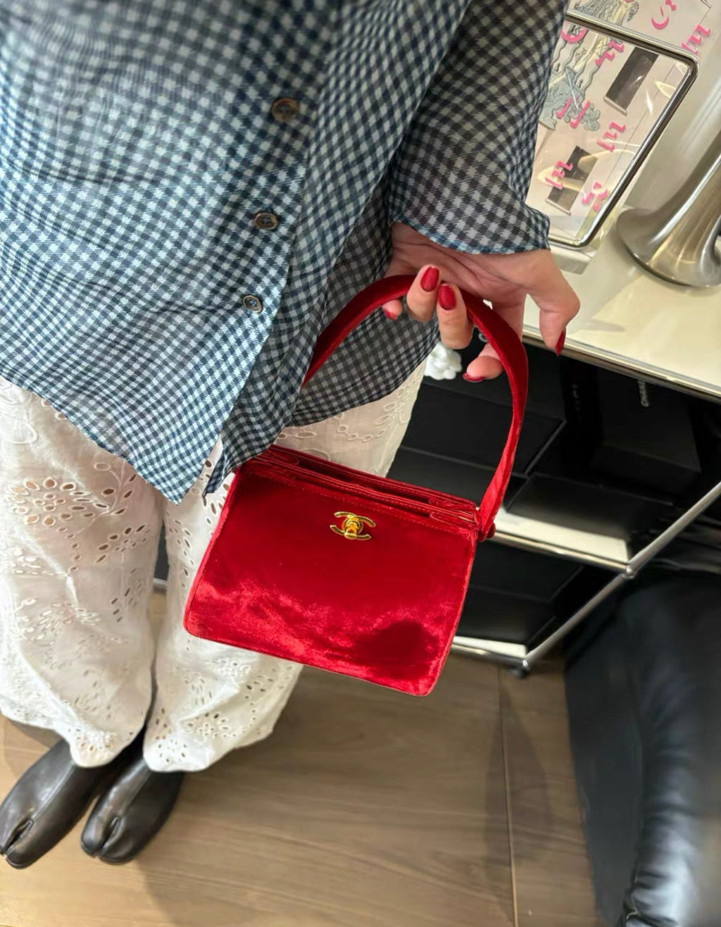 Chanel Rare Vintage Classic Velvet Red Kelly Bag Gold Plated Hardware