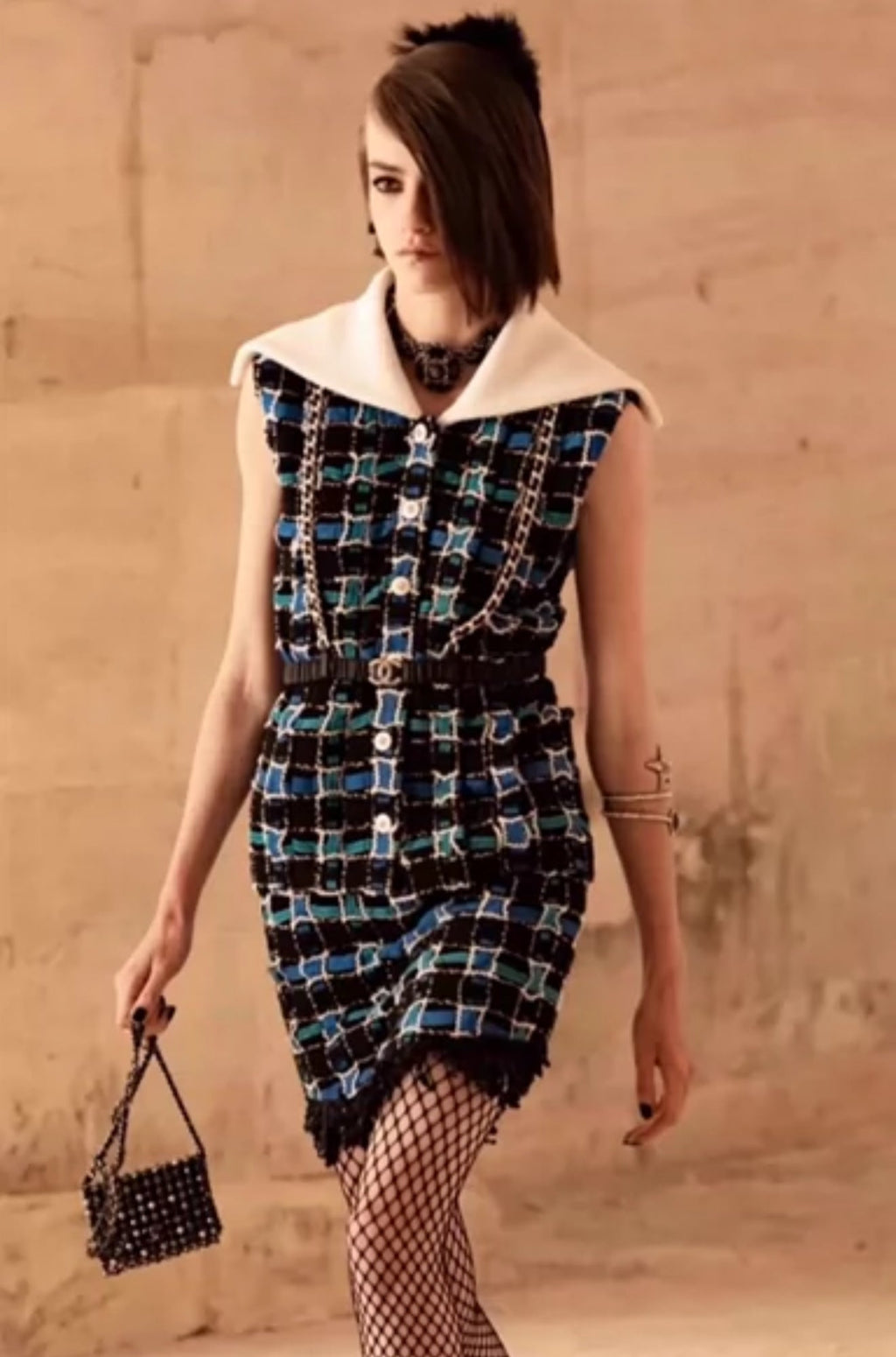 Chanel 22C Black, Blue, Turquoise & white Embroidered Tweed Skirt
