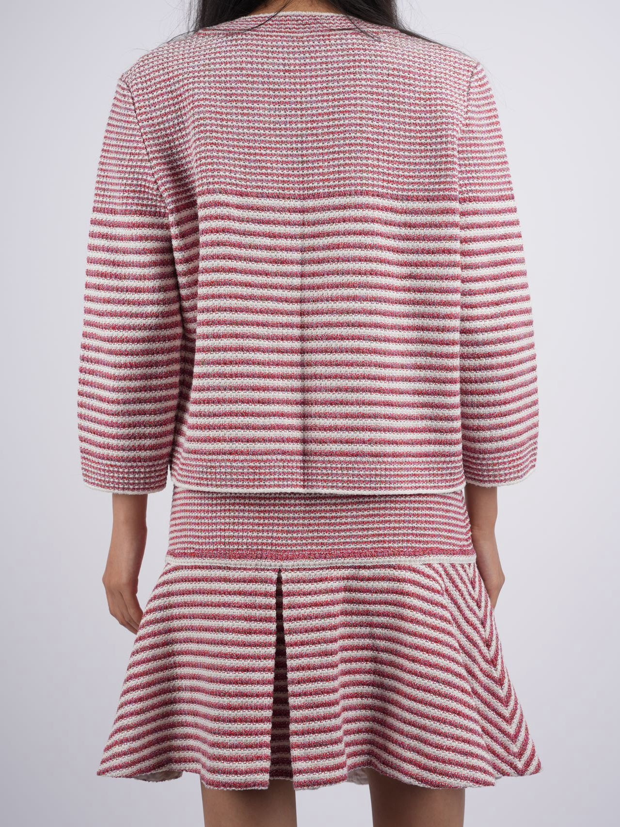 Chanel Pink White Striped Knit Jacket and Mini Skirt Suit