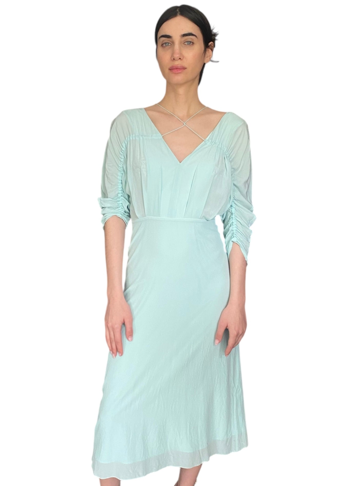 Victoria Beckham Blue Draped-Sleeve Drawstring Dress - 36