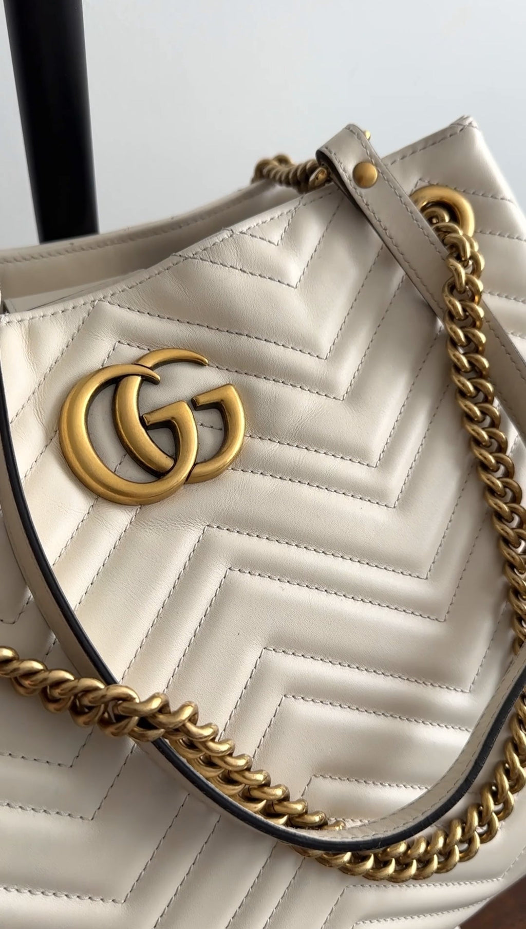Gucci Marmont Ivory Chevron Leather Large Chain Tote Bag