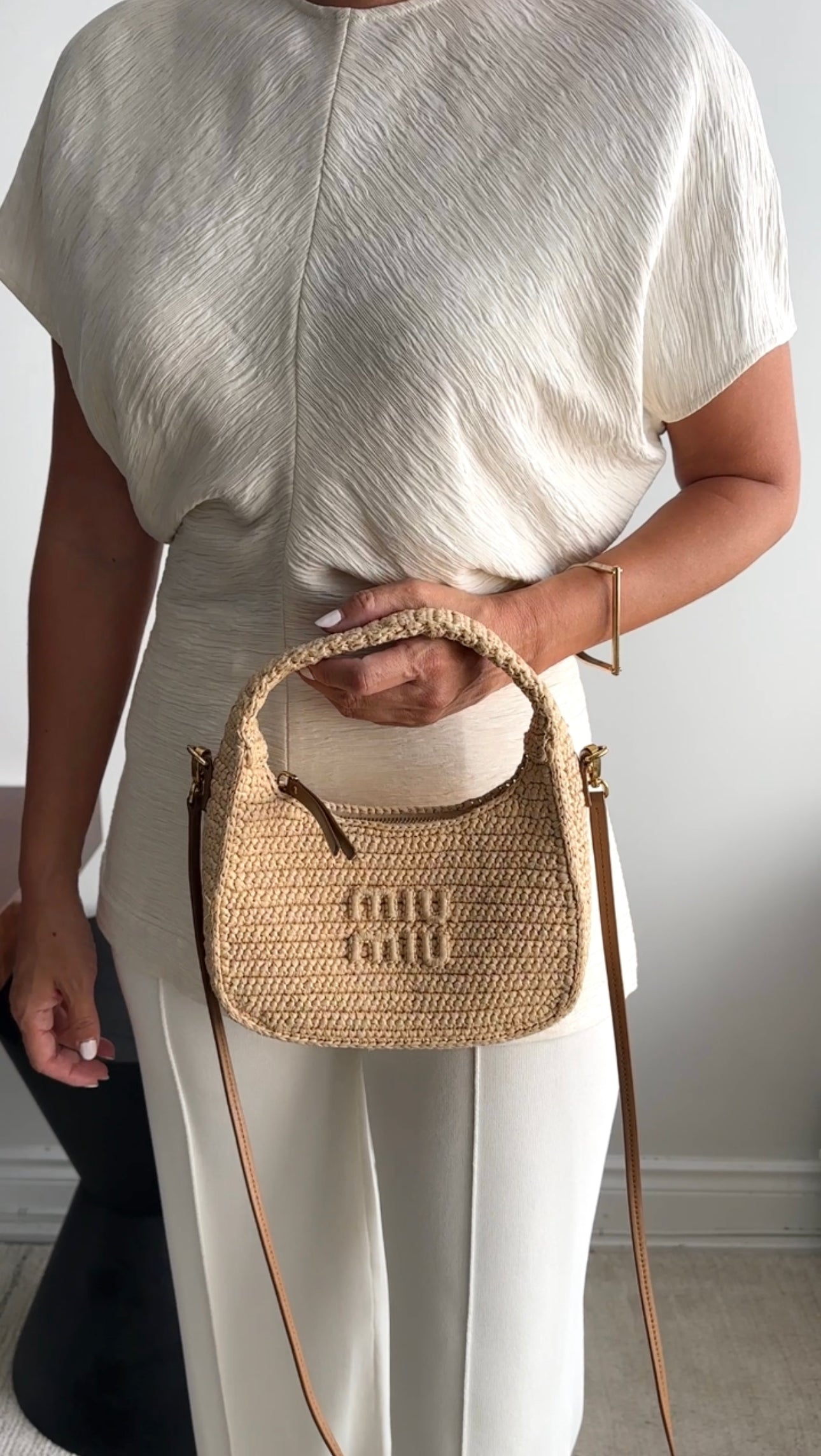 Miu Miu Wander Natural Raffia Crochet Crossbody Bag
