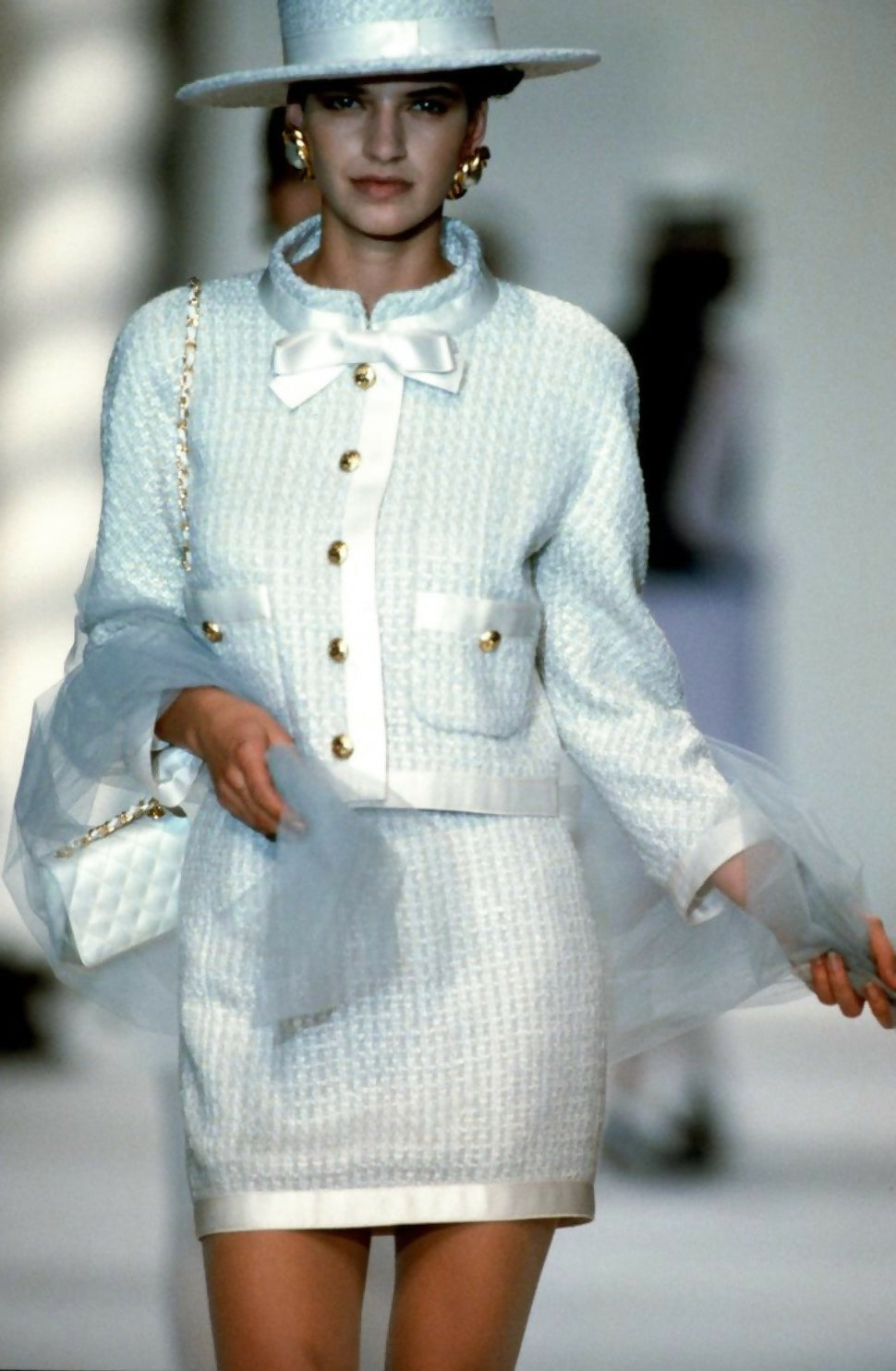 Chanel Vintage S/S1990 Seafood Green Cream Satin Bow Tweed Cropped Jacket
