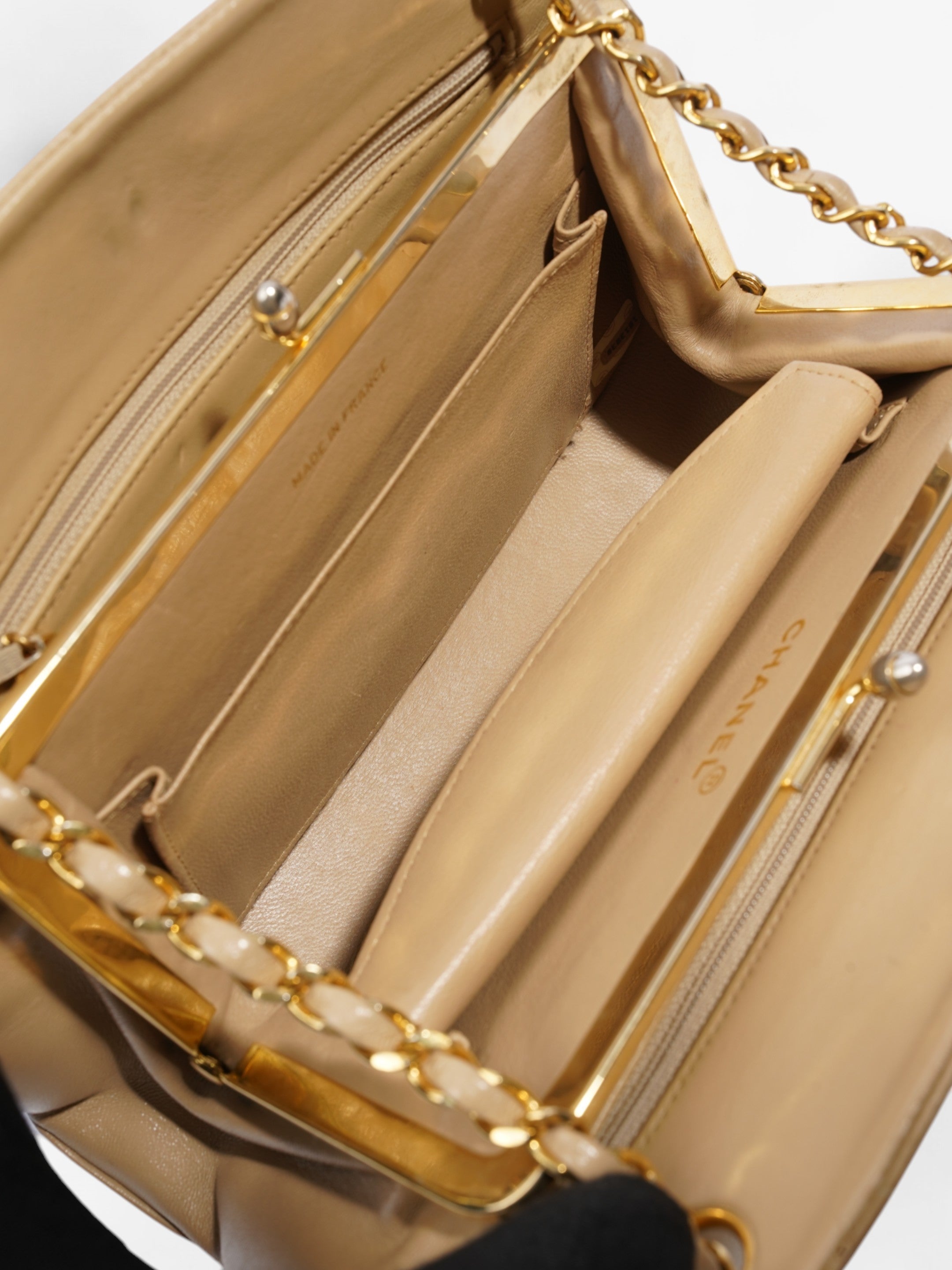 Chanel Kiss Lock Beige Lambskin Leather
