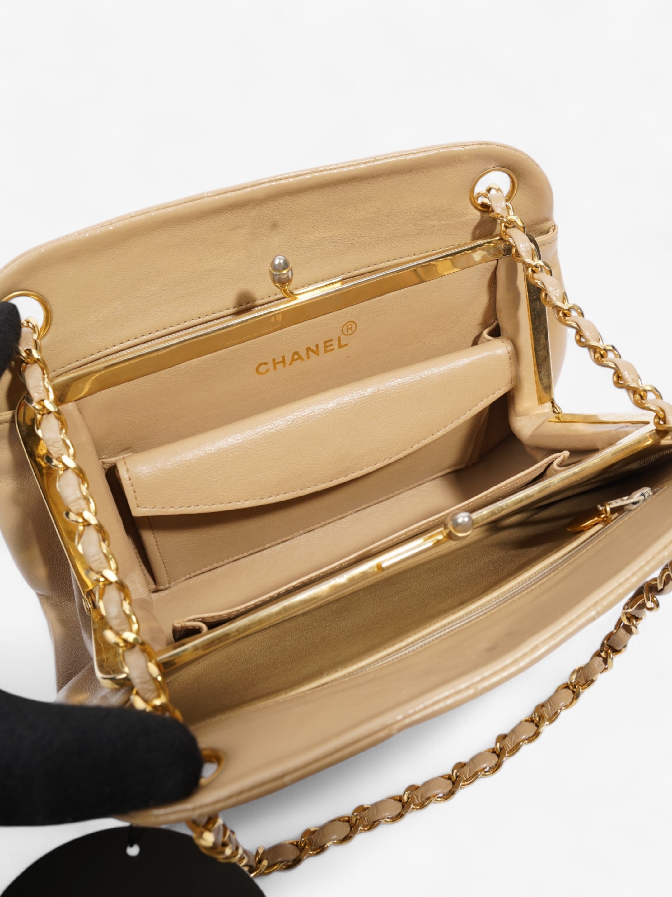 Chanel Kiss Lock Beige Lambskin Leather