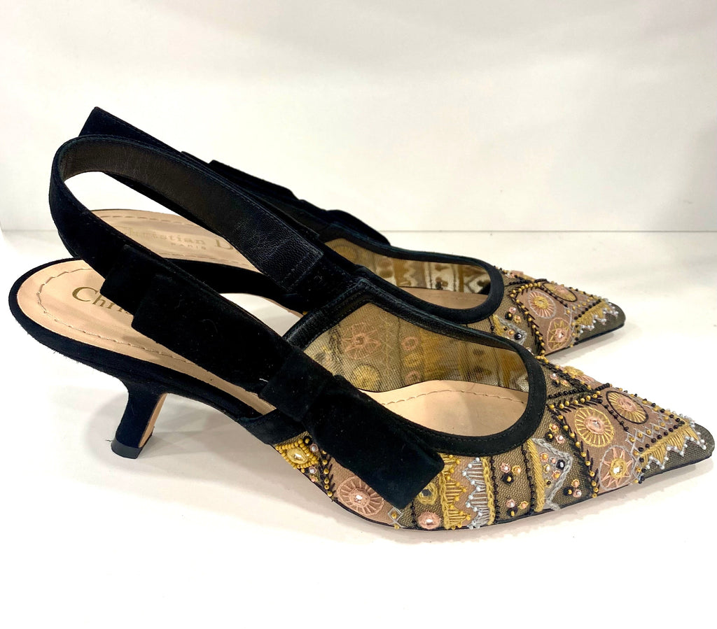 DIOR EMBROIDERED CALFSKIN BEADED SWEET D-SLINGBACK PUMPS