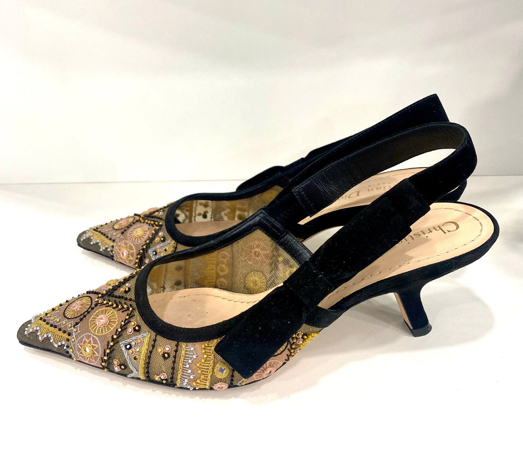DIOR EMBROIDERED CALFSKIN BEADED SWEET D-SLINGBACK PUMPS