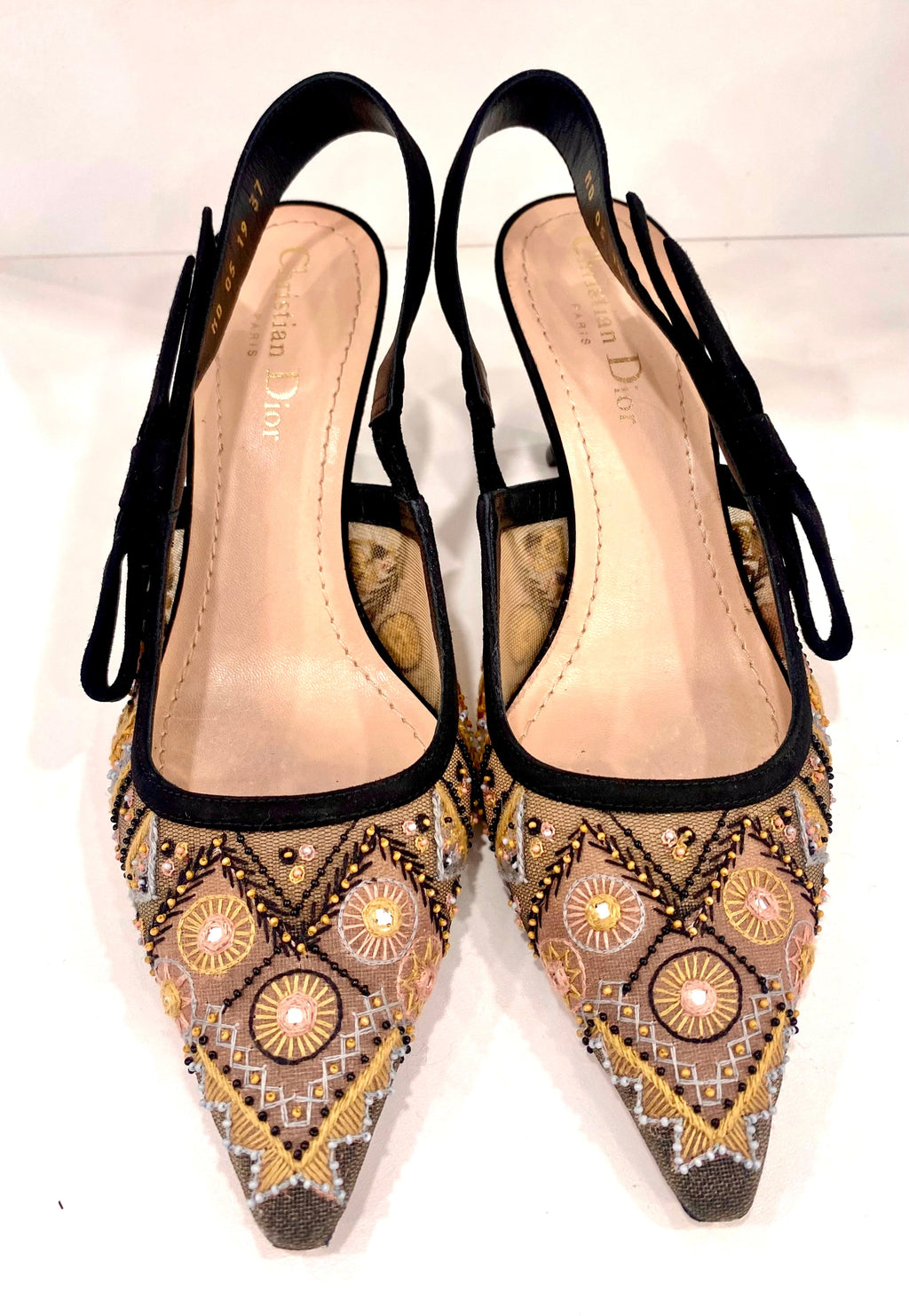 DIOR EMBROIDERED CALFSKIN BEADED SWEET D-SLINGBACK PUMPS