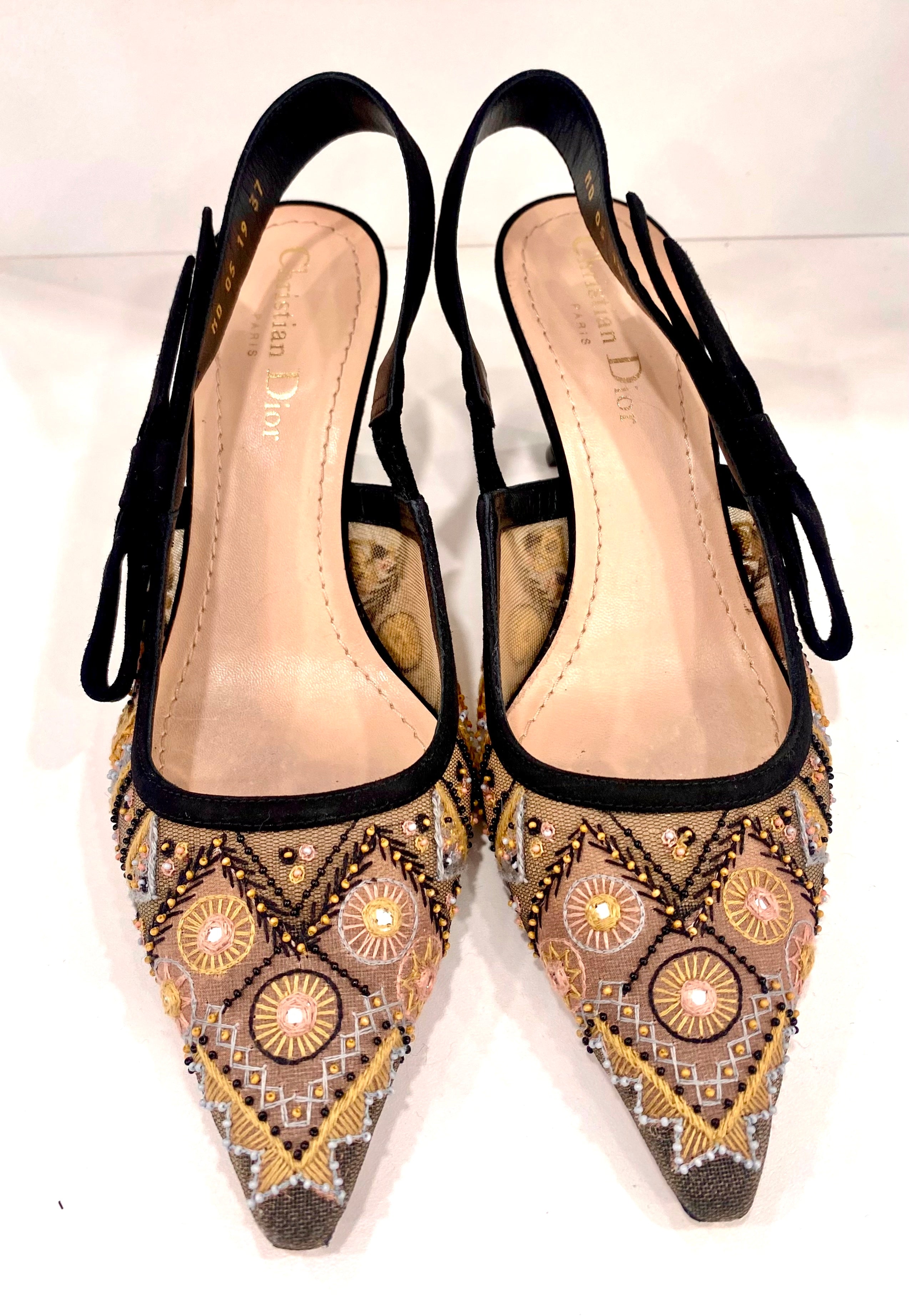 DIOR EMBROIDERED CALFSKIN BEADED SWEET D-SLINGBACK PUMPS