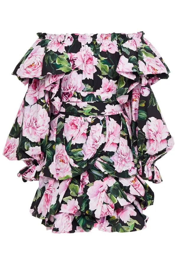 DOLCE & GABBANA OFF SHOULDER RUFFLED FLORAL MINI DRESS