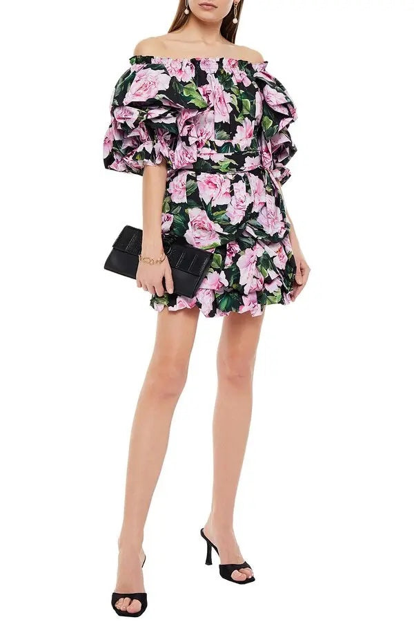 DOLCE & GABBANA OFF SHOULDER RUFFLED FLORAL MINI DRESS