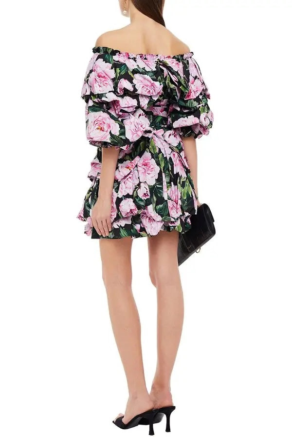 DOLCE & GABBANA OFF SHOULDER RUFFLED FLORAL MINI DRESS