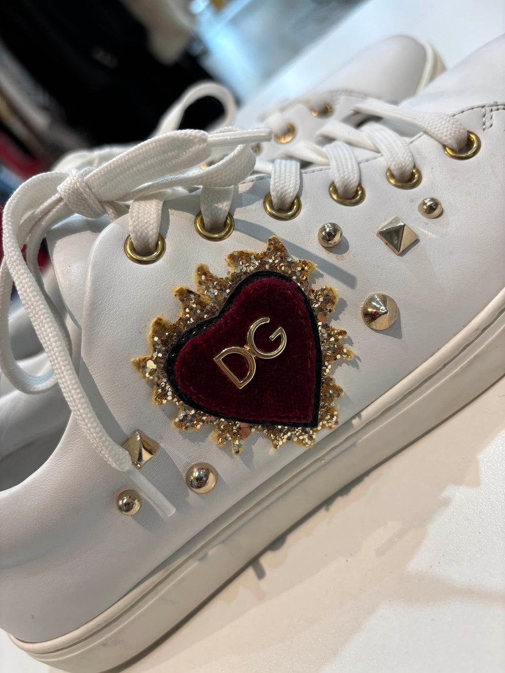 DOLCE & GABBANA GOLD HEART CALFSKIN LEATHER SNEAKERS