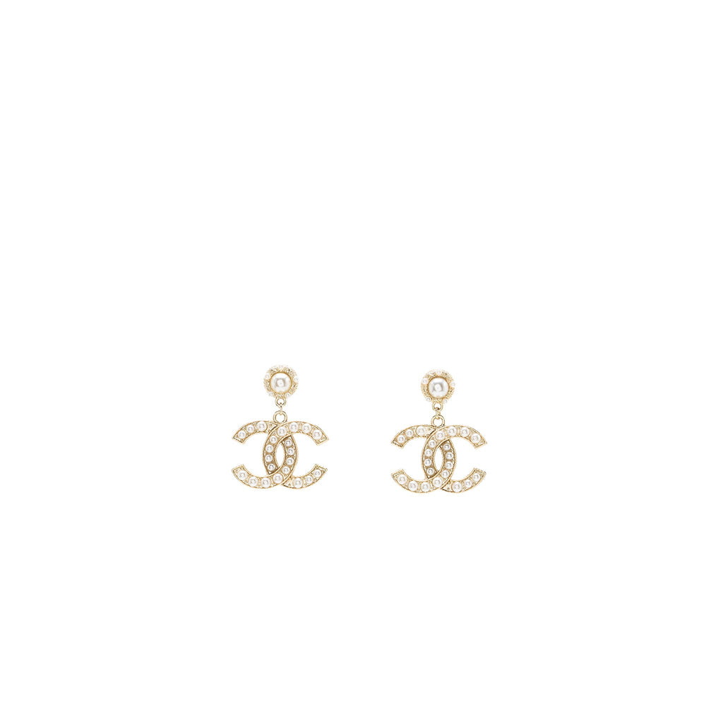 Chanel CC Logo Drop Earrings with Pearl Gold Tone