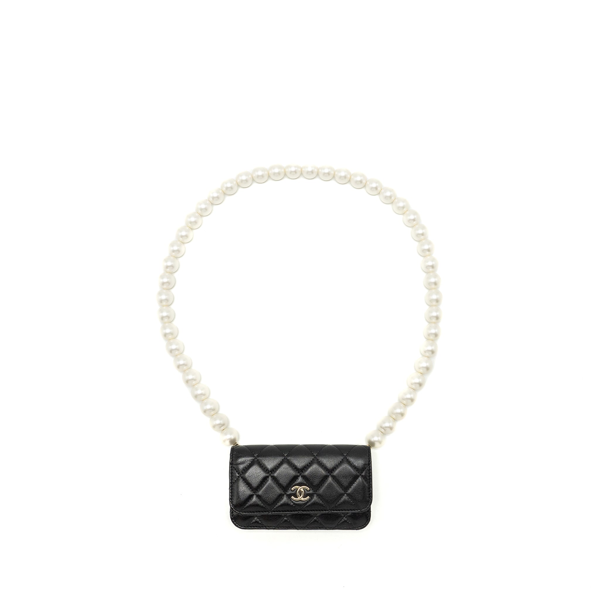 Chanel CC Logo Clutch with Giant Pearl Chain Lambskin Black L