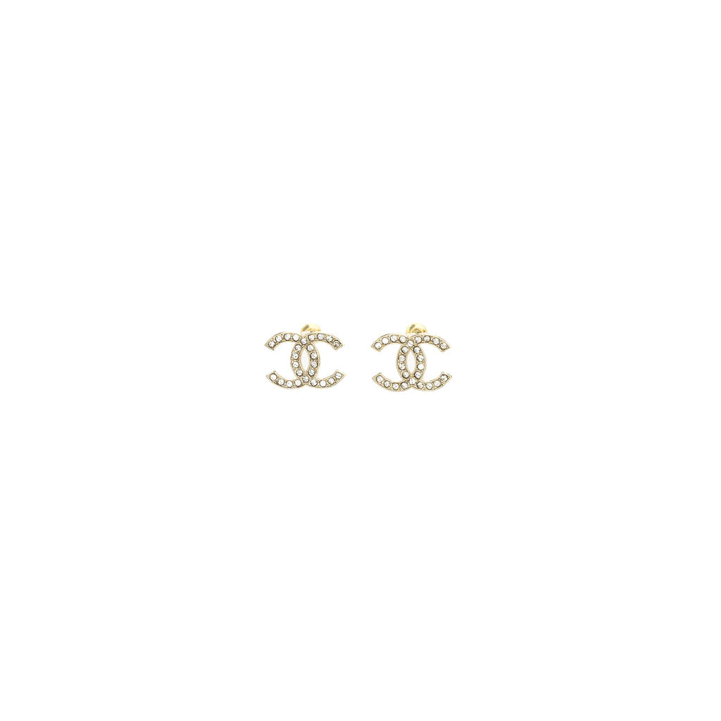 Chanel CC logo earrings light gold tone with crystal