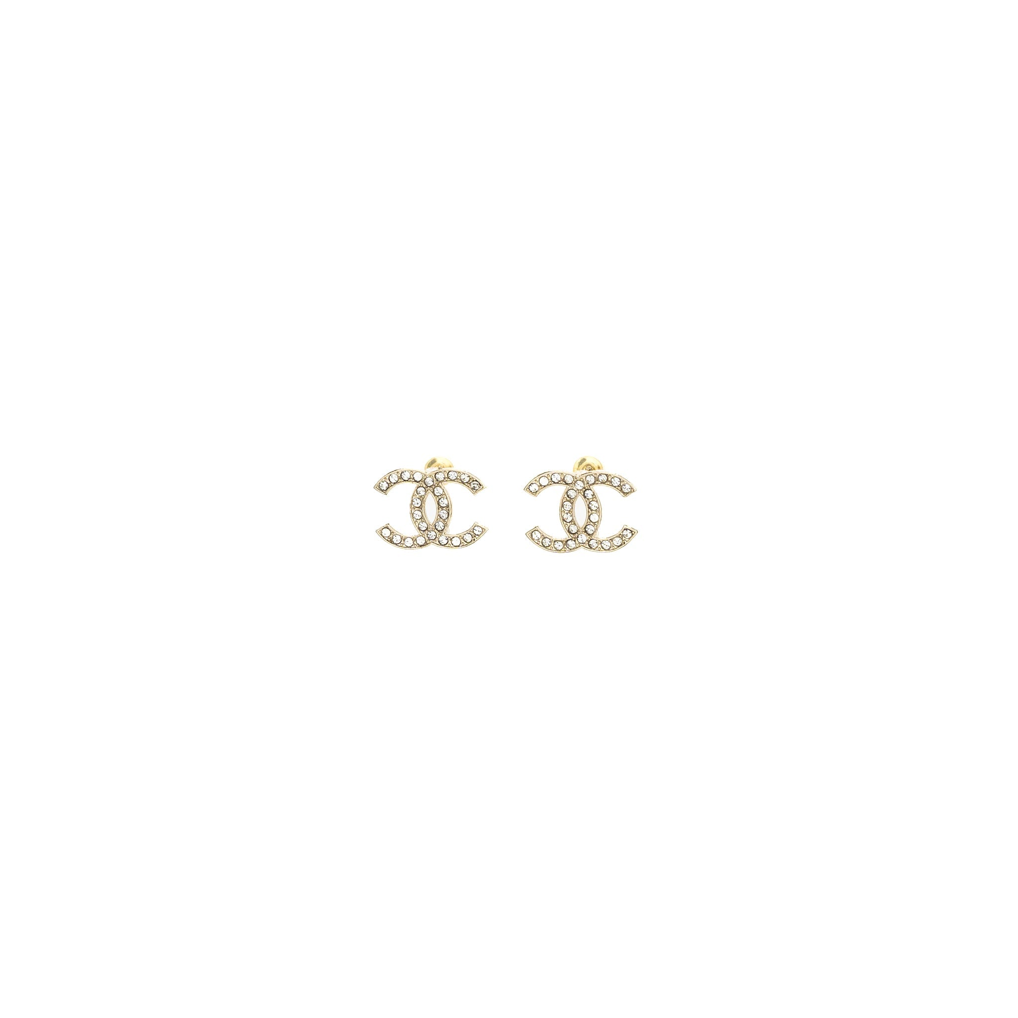 Chanel CC logo earrings light gold tone with crystal