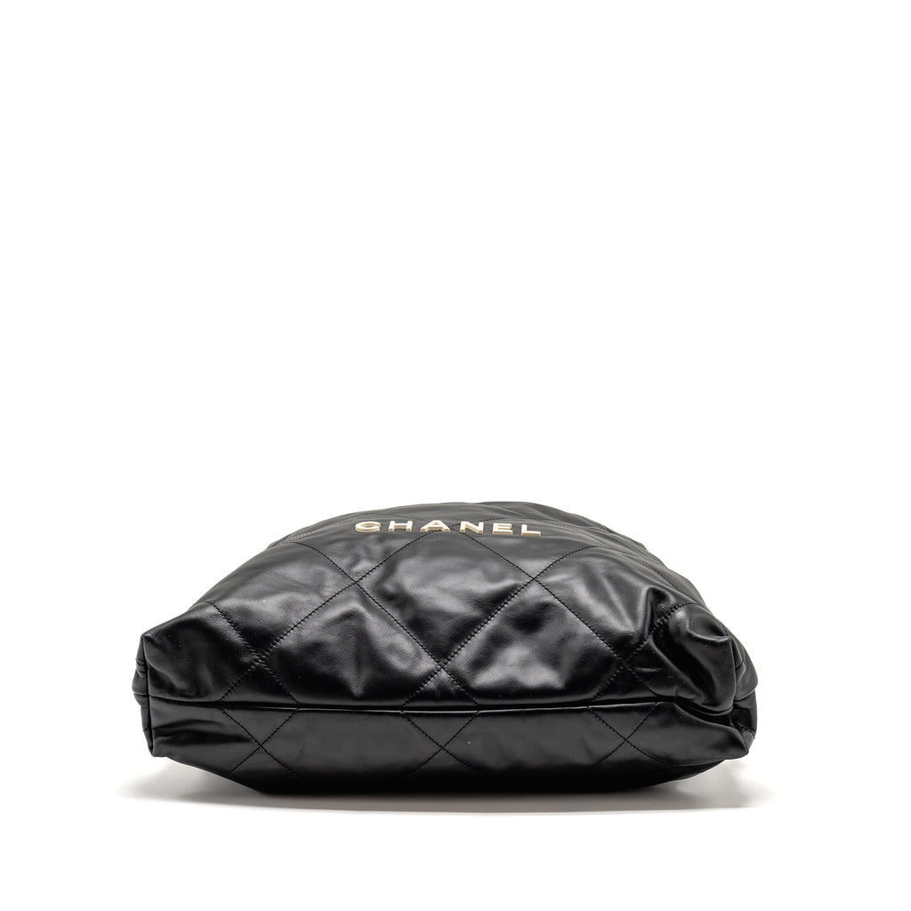 Chanel 22 Backpack White Letter Logo Shiny Calfskin Black  (Microchip)