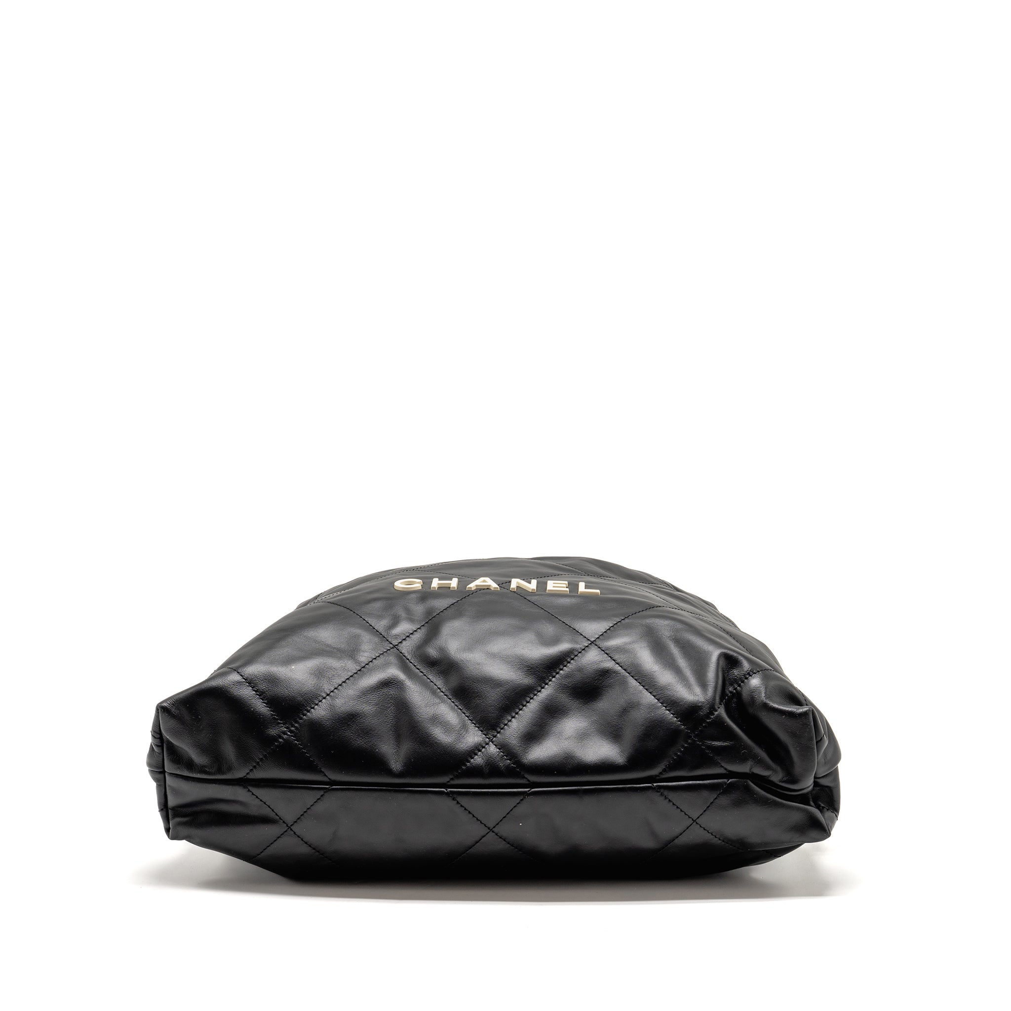 Chanel 22 Backpack White Letter Logo Shiny Calfskin Black  (Microchip)