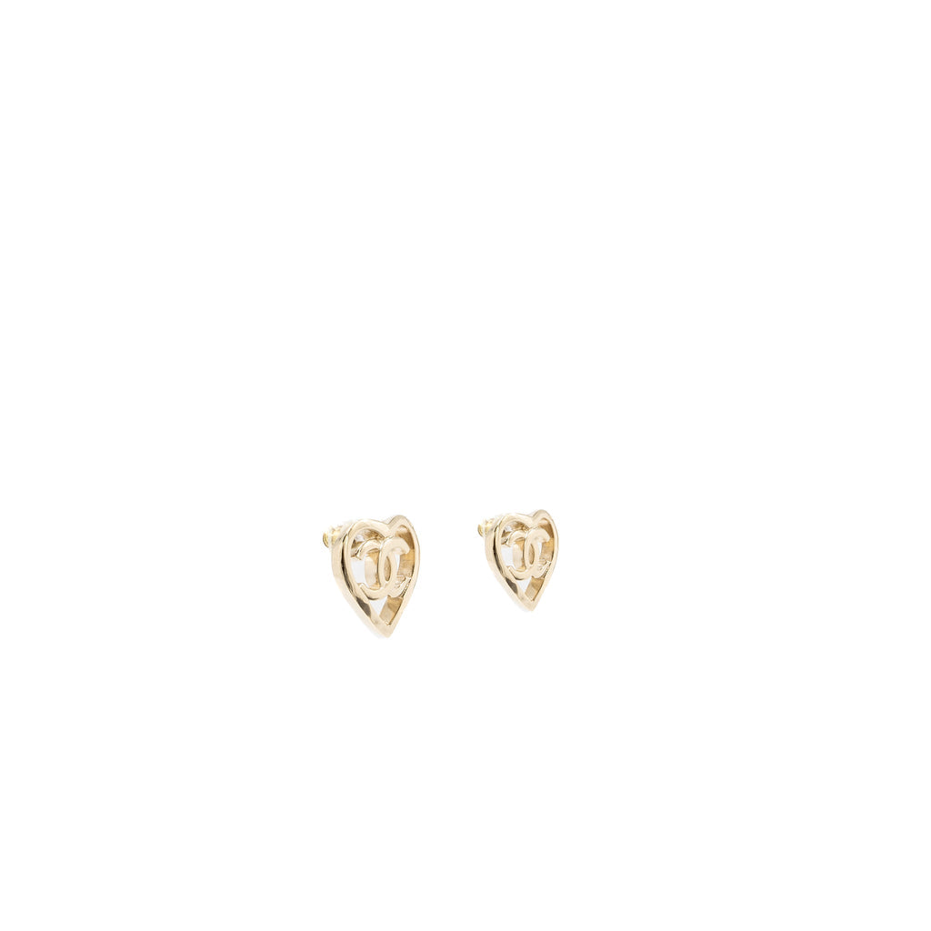 Chanel Heart and CC Logo Earrings Light Gold Tone