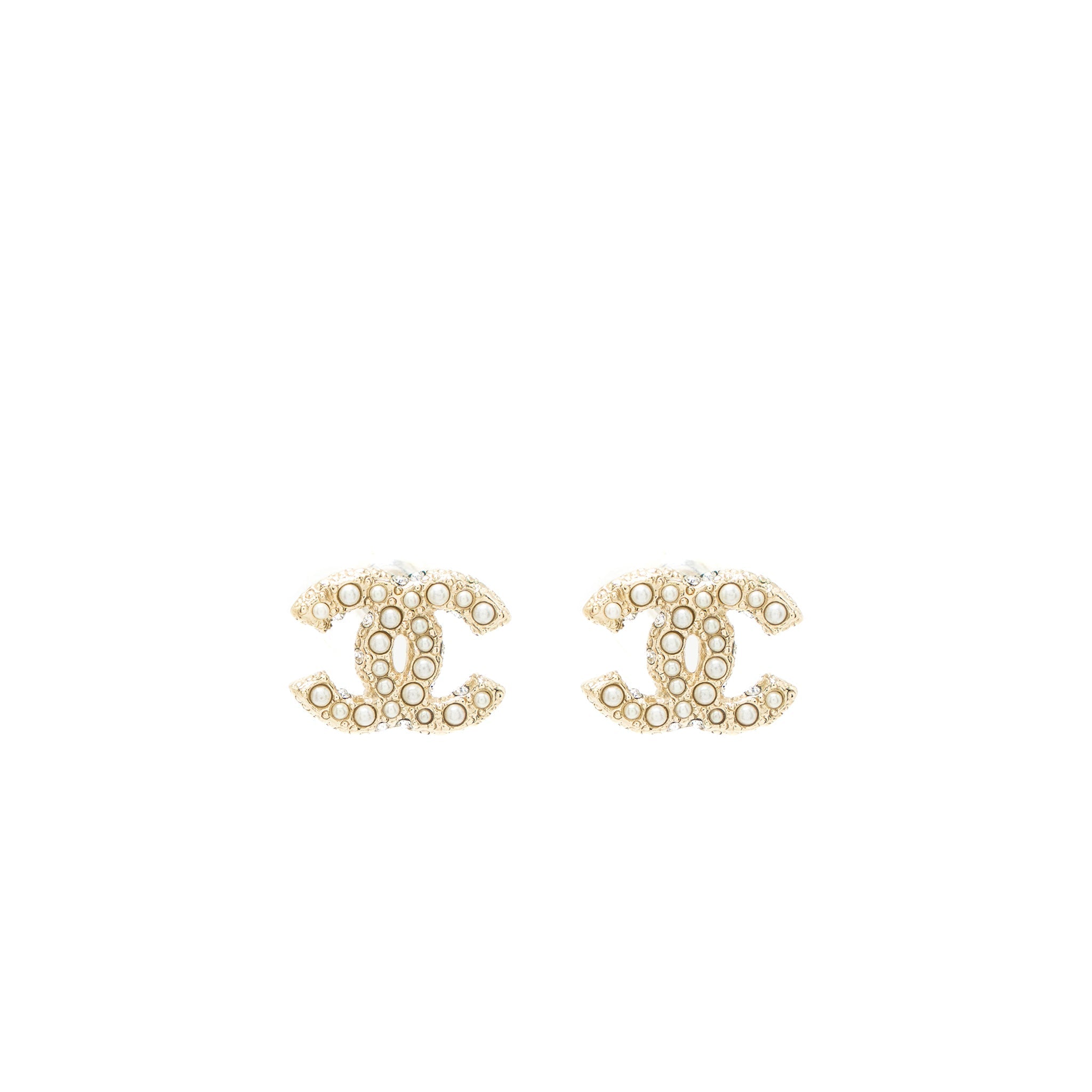 Chanel Classic Mini CC Logo Earrings Pearl/Crystal Light Gold Tone