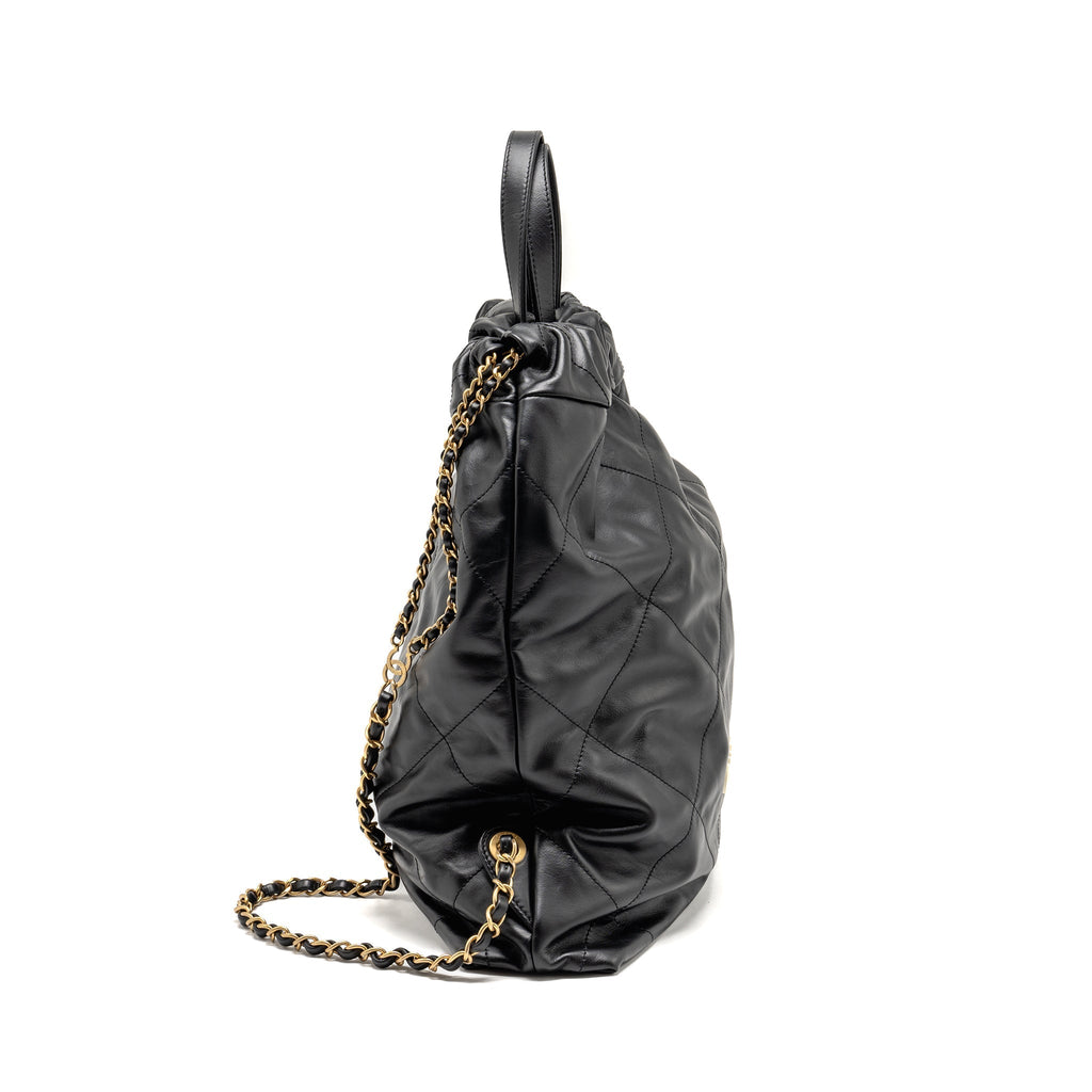 Chanel 22 Backpack White Letter Logo Shiny Calfskin Black  (Microchip)