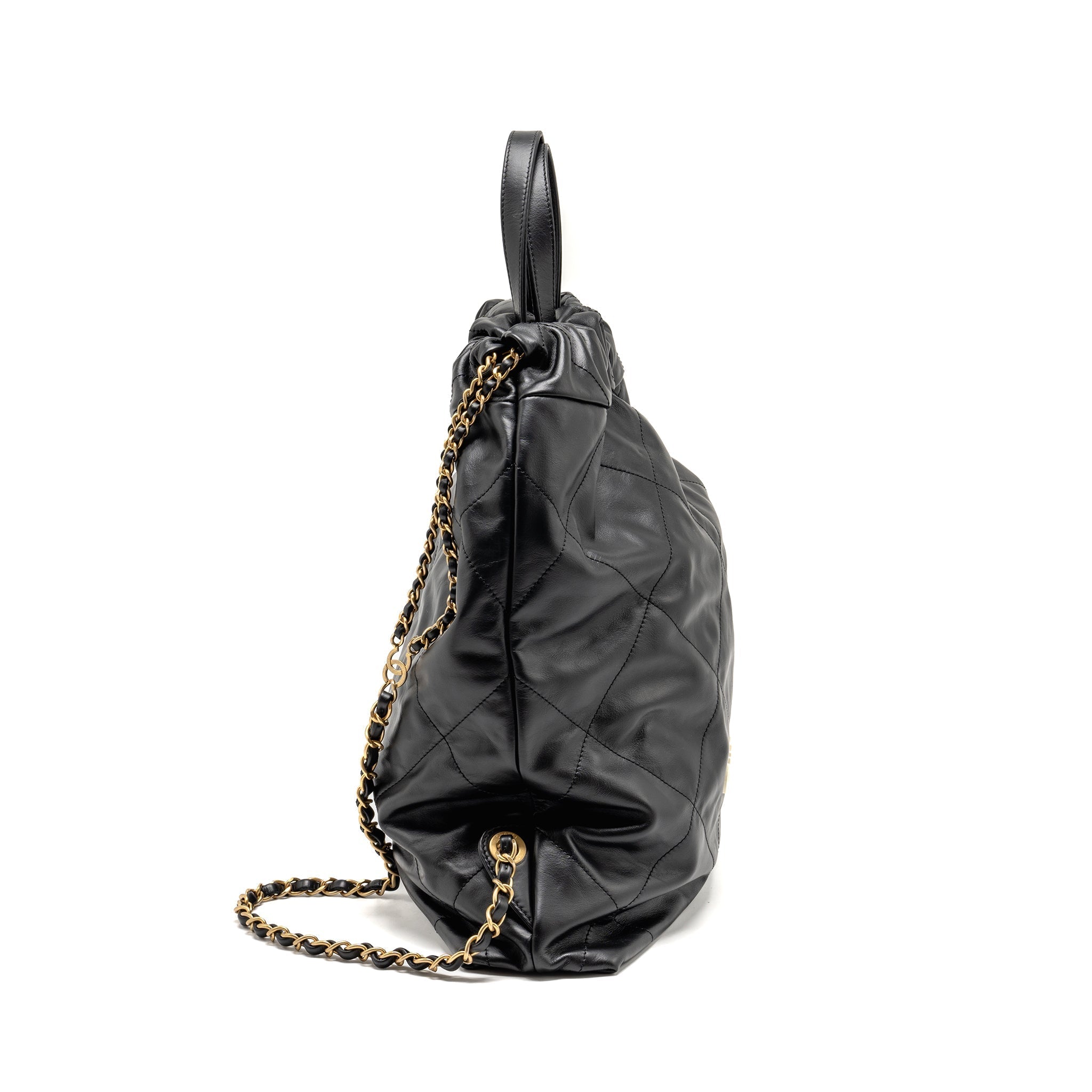 Chanel 22 Backpack White Letter Logo Shiny Calfskin Black  (Microchip)