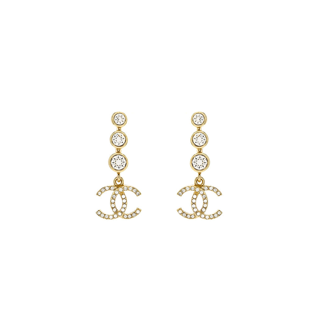 Chanel CC Logo Dropped Earrings Crystal Light Gold Tone