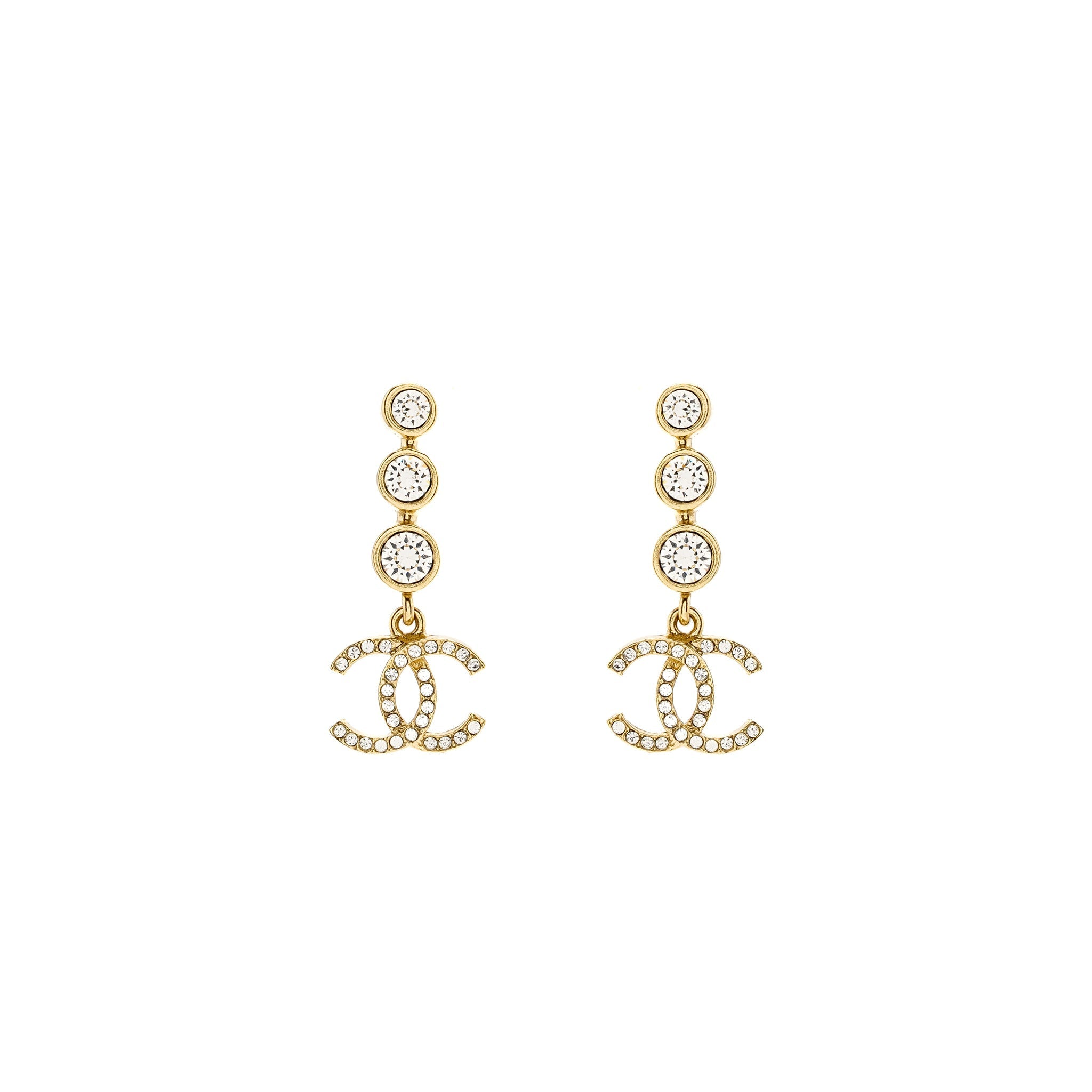 Chanel CC Logo Dropped Earrings Crystal Light Gold Tone