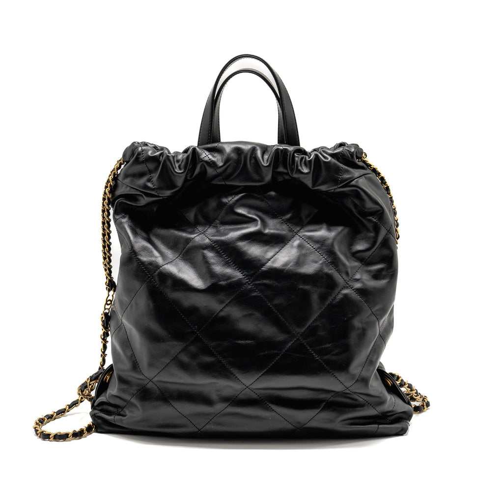 Chanel 22 Backpack White Letter Logo Shiny Calfskin Black  (Microchip)