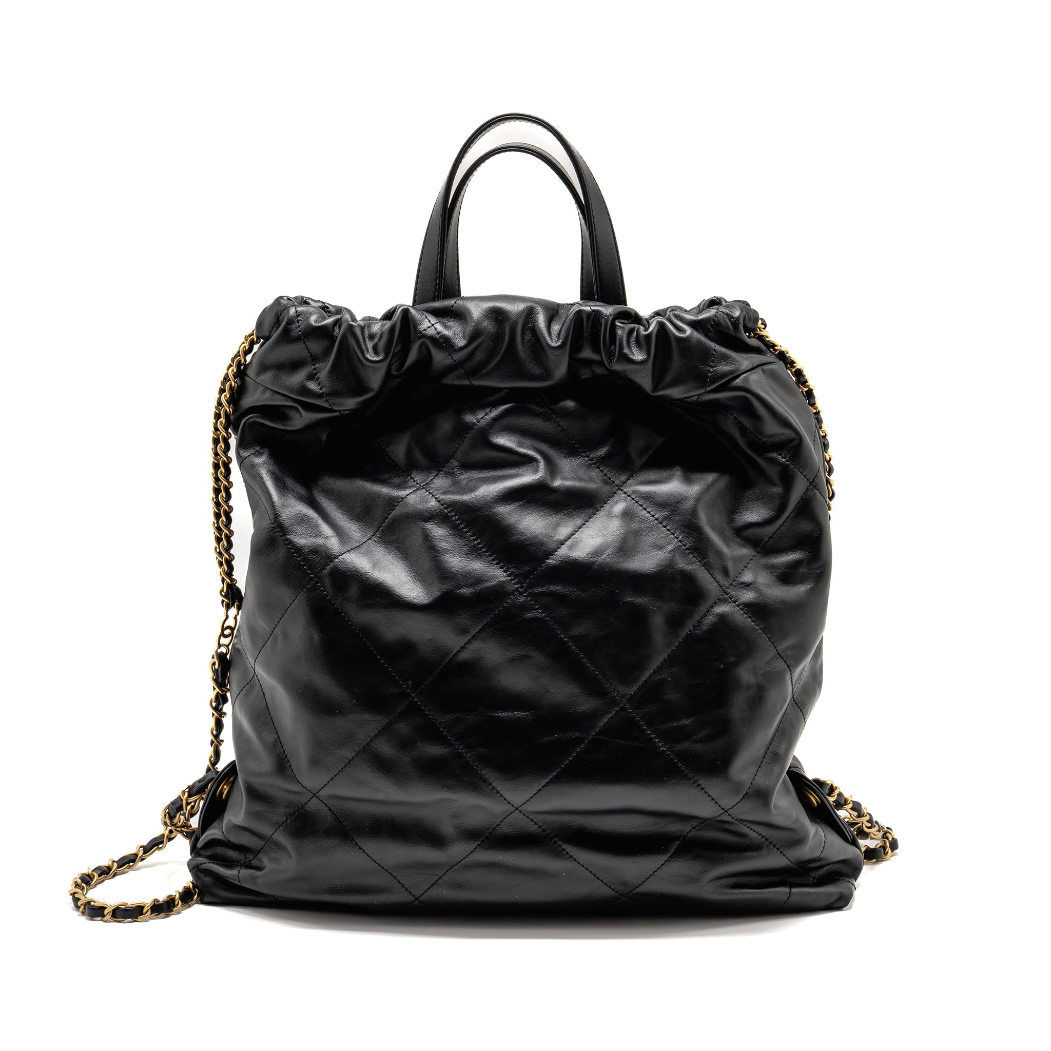 Chanel 22 Backpack White Letter Logo Shiny Calfskin Black  (Microchip)